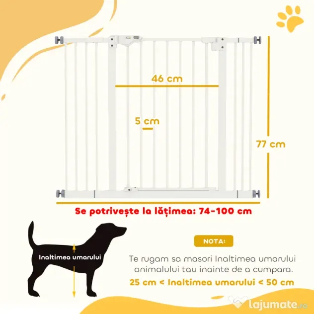 PawHut Poartă Extensibilă pentru Câini fără Șuruburi, Poartă de Siguranță Reglabilă cu 2 Extensii, 94-100 cm, Alb | Aosom Romania