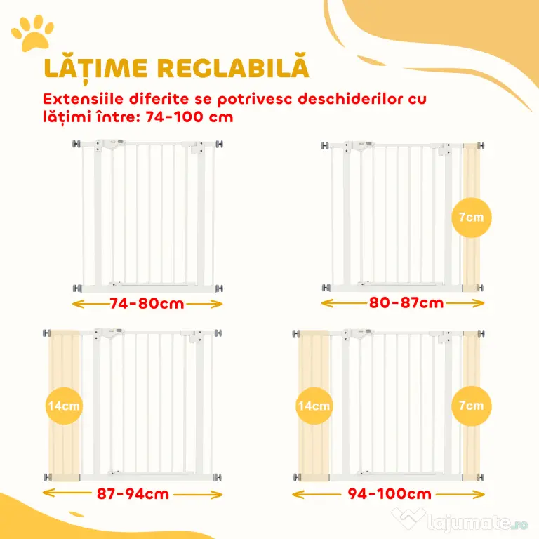 PawHut Poartă Extensibilă pentru Câini fără Șuruburi, Poartă de Siguranță Reglabilă cu 2 Extensii, 94-100 cm, Alb | Aosom Romania