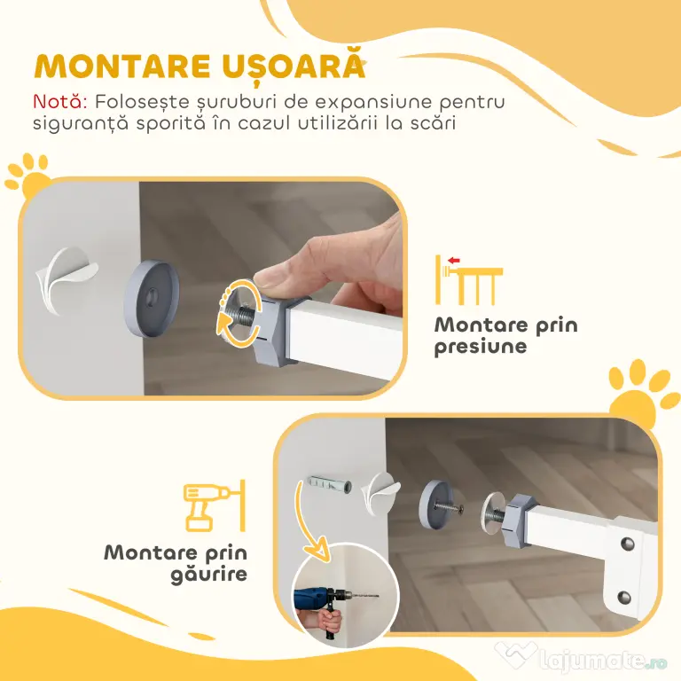 PawHut Poartă Extensibilă pentru Câini fără Șuruburi, Poartă de Siguranță Reglabilă cu 2 Extensii, 94-100 cm, Alb | Aosom Romania