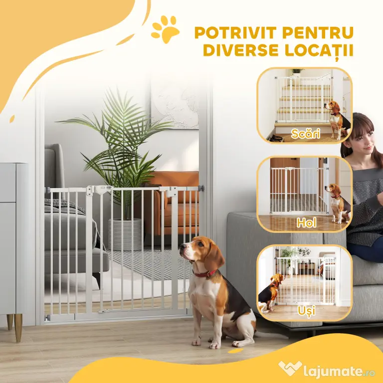 PawHut Poartă Extensibilă pentru Câini fără Șuruburi, Poartă de Siguranță Reglabilă cu 2 Extensii, 94-100 cm, Alb | Aosom Romania