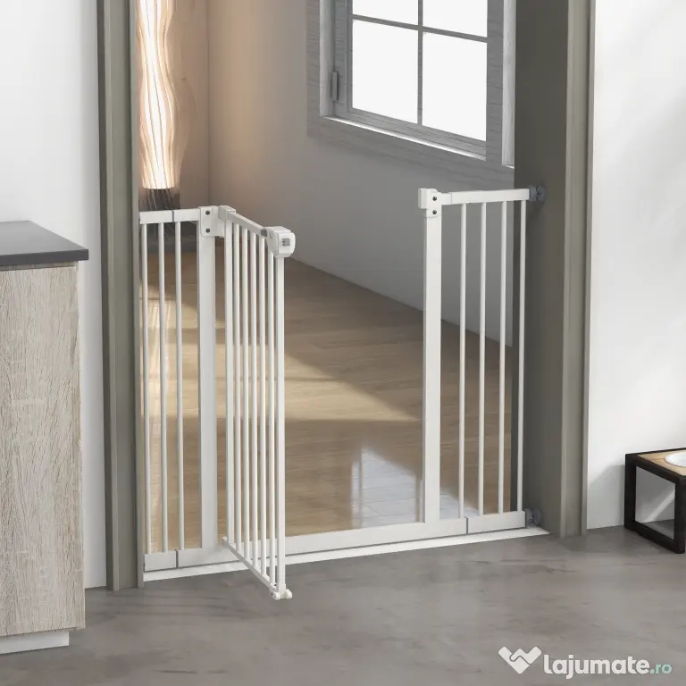 PawHut Poartă Extensibilă pentru Câini fără Șuruburi, Poartă de Siguranță Reglabilă cu 2 Extensii, 94-100 cm, Alb | Aosom Romania