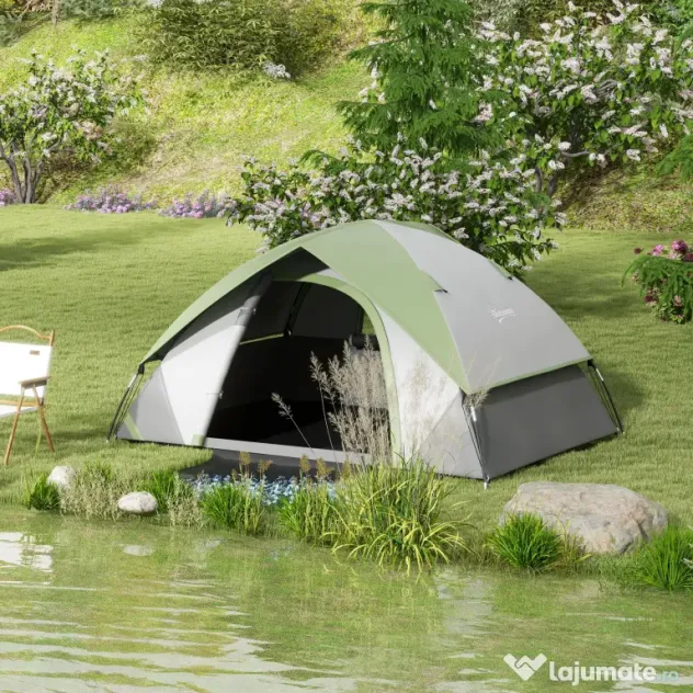 Outsunny Cort de Camping cu 3 Locuri, Geam din Plasă și Cârlig Felinar, Cort de Camping din PE, 270x210x150 cm, Verde | Aosom Romania