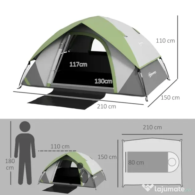 Outsunny Cort de Camping cu 3 Locuri, Geam din Plasă și Cârlig Felinar, Cort de Camping din PE, 270x210x150 cm, Verde | Aosom Romania