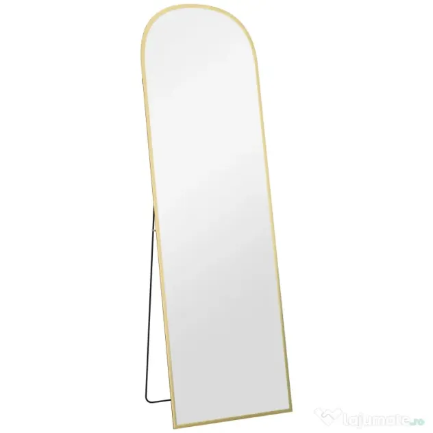 HOMCOM Oglindă de Podea și Perete Modernă din Aliaj de Aluminiu cu Suport Pliabil, 50x161.5 cm, Aur
