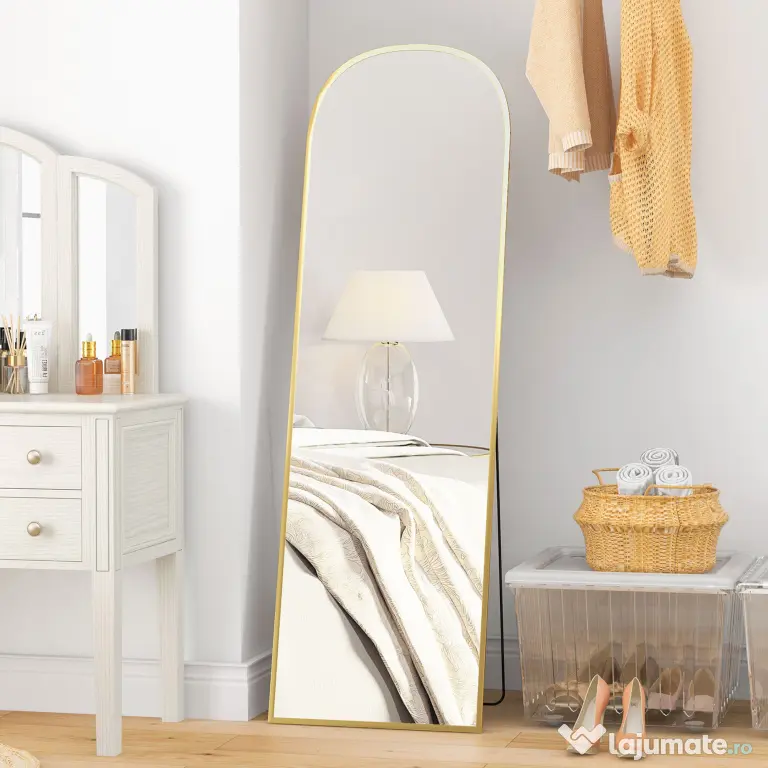 HOMCOM Oglindă de Podea și Perete Modernă din Aliaj de Aluminiu cu Suport Pliabil, 50x161.5 cm, Aur