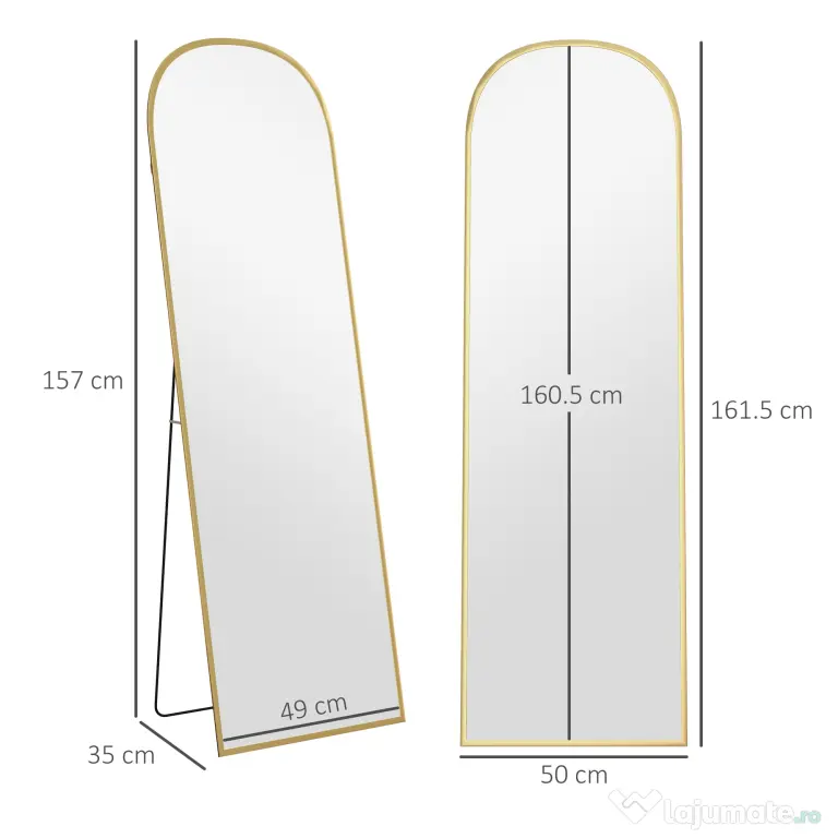HOMCOM Oglindă de Podea și Perete Modernă din Aliaj de Aluminiu cu Suport Pliabil, 50x161.5 cm, Aur