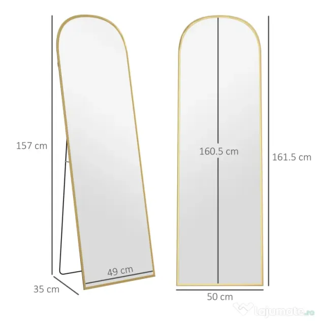 HOMCOM Oglindă de Podea și Perete Modernă din Aliaj de Aluminiu cu Suport Pliabil, 50x161.5 cm, Aur