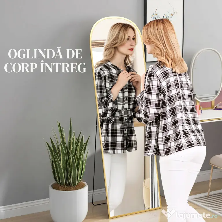 HOMCOM Oglindă de Podea și Perete Modernă din Aliaj de Aluminiu cu Suport Pliabil, 50x161.5 cm, Aur