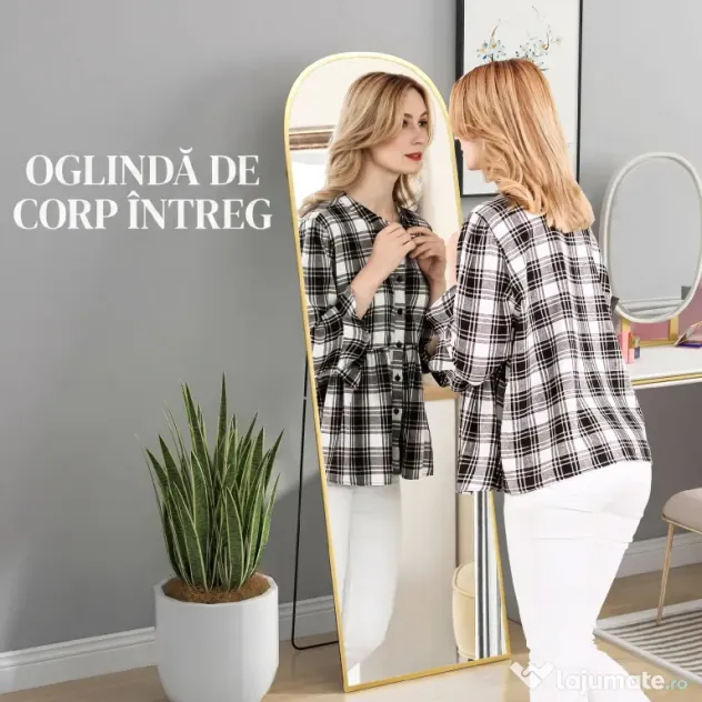 HOMCOM Oglindă de Podea și Perete Modernă din Aliaj de Aluminiu cu Suport Pliabil, 50x161.5 cm, Aur