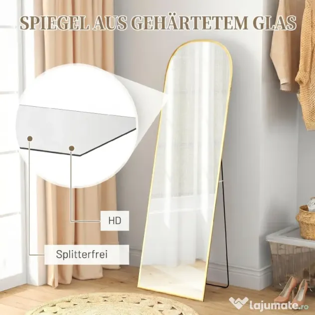 HOMCOM Oglindă de Podea și Perete Modernă din Aliaj de Aluminiu cu Suport Pliabil, 50x161.5 cm, Aur