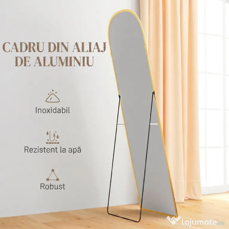 HOMCOM Oglindă de Podea și Perete Modernă din Aliaj de Aluminiu cu Suport Pliabil, 50x161.5 cm, Aur