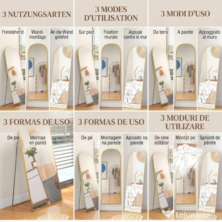 HOMCOM Oglindă de Podea și Perete Modernă din Aliaj de Aluminiu cu Suport Pliabil, 50x161.5 cm, Aur