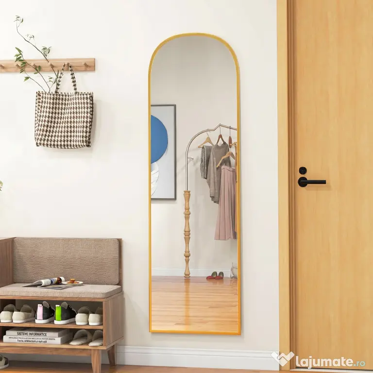 HOMCOM Oglindă de Podea și Perete Modernă din Aliaj de Aluminiu cu Suport Pliabil, 50x161.5 cm, Aur