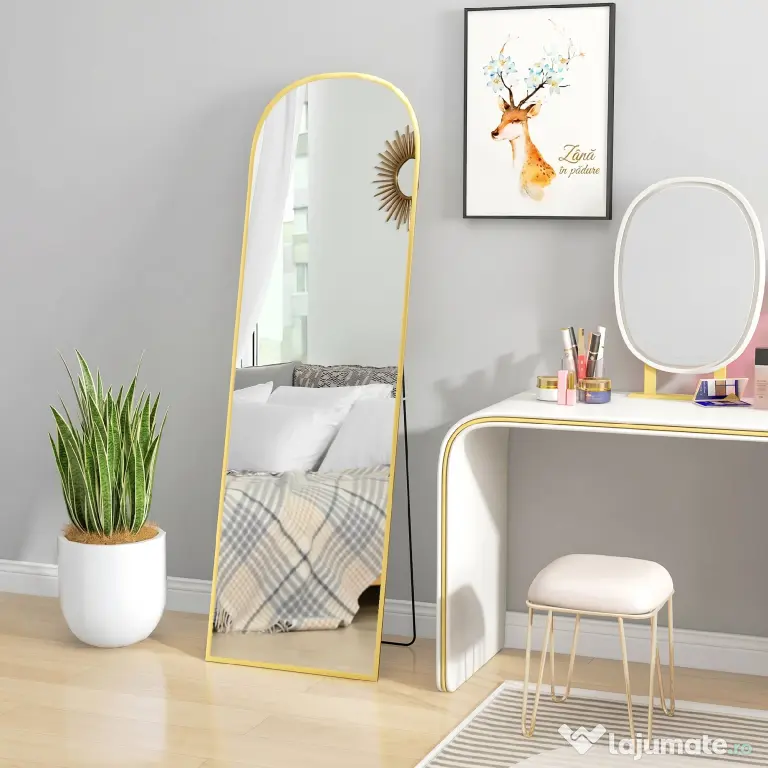 HOMCOM Oglindă de Podea și Perete Modernă din Aliaj de Aluminiu cu Suport Pliabil, 50x161.5 cm, Aur