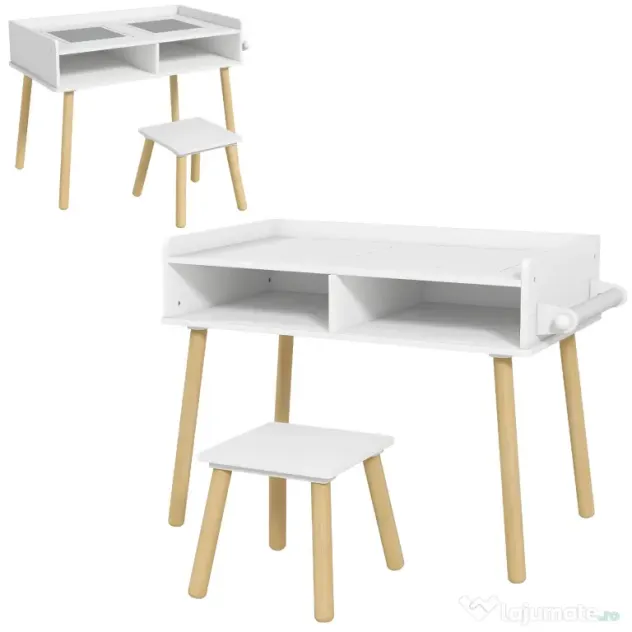 HOMCOM Set de Masă și Scaun pentru Copii, Masă de Activități pentru Copii Mici 3 în 1 cu Tablă de Construcție, 87x45x59.5 cm, Alb | Aosom Romania