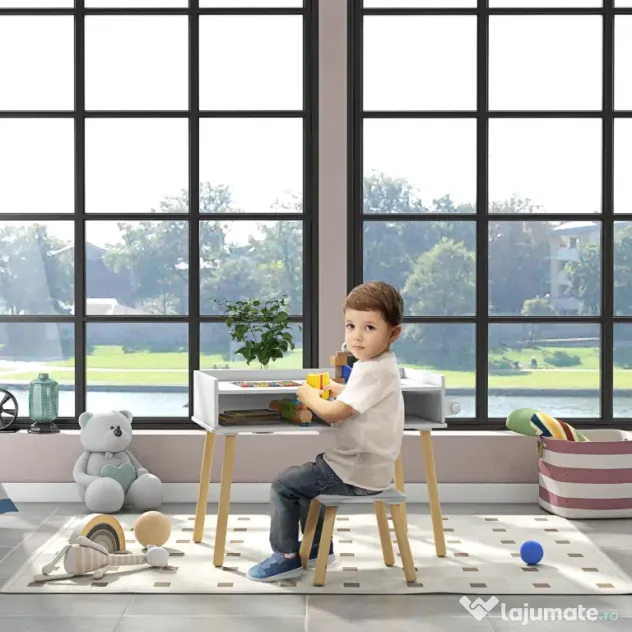 HOMCOM Set de Masă și Scaun pentru Copii, Masă de Activități pentru Copii Mici 3 în 1 cu Tablă de Construcție, 87x45x59.5 cm, Alb | Aosom Romania