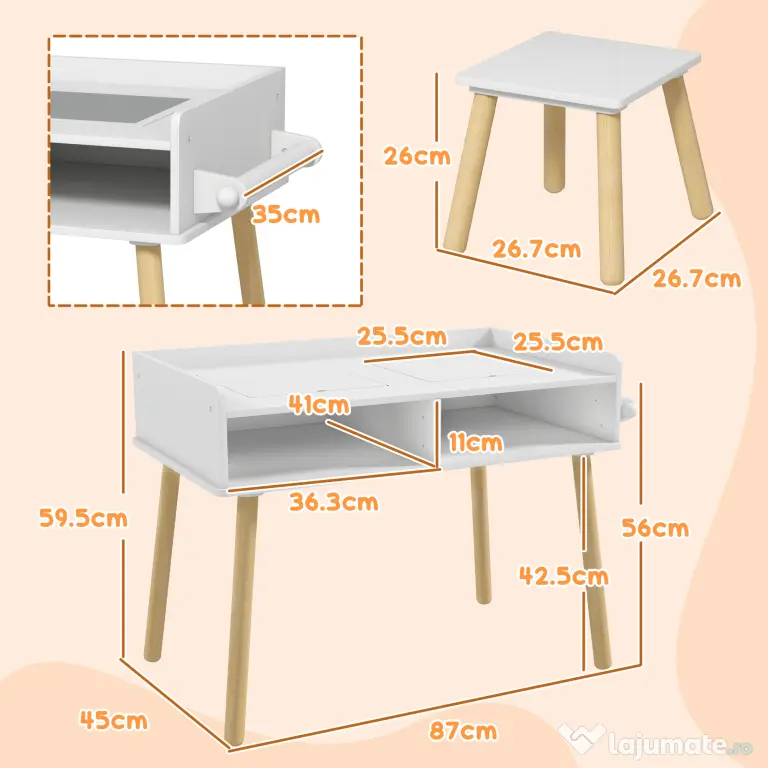 HOMCOM Set de Masă și Scaun pentru Copii, Masă de Activități pentru Copii Mici 3 în 1 cu Tablă de Construcție, 87x45x59.5 cm, Alb | Aosom Romania