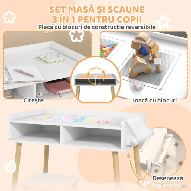 HOMCOM Set de Masă și Scaun pentru Copii, Masă de Activități pentru Copii Mici 3 în 1 cu Tablă de Construcție, 87x45x59.5 cm, Alb | Aosom Romania