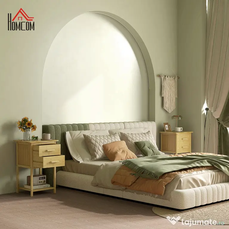 HOMCOM Noptiere, 2 piese, cu 2 Sertare și Poliță de Jos în Stil Nordic, Noptiere Moderne din Bambus, 40x34x60 cm, Lemn Natural | Aosom Romania