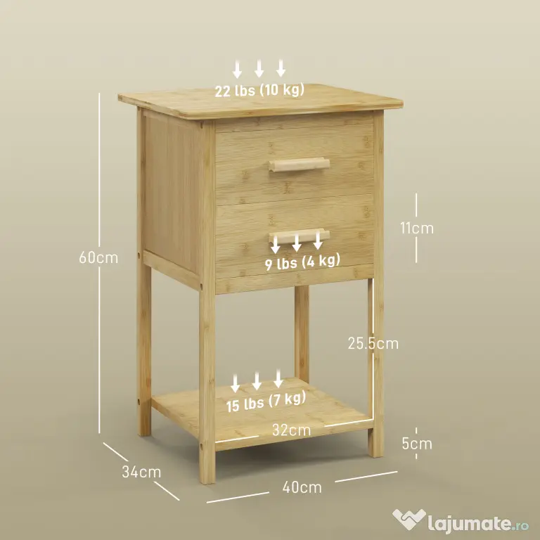 HOMCOM Noptiere, 2 piese, cu 2 Sertare și Poliță de Jos în Stil Nordic, Noptiere Moderne din Bambus, 40x34x60 cm, Lemn Natural | Aosom Romania