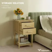 HOMCOM Noptiere, 2 piese, cu 2 Sertare și Poliță de Jos în Stil Nordic, Noptiere Moderne din Bambus, 40x34x60 cm, Lemn Natural | Aosom Romania