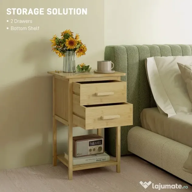 HOMCOM Noptiere, 2 piese, cu 2 Sertare și Poliță de Jos în Stil Nordic, Noptiere Moderne din Bambus, 40x34x60 cm, Lemn Natural | Aosom Romania