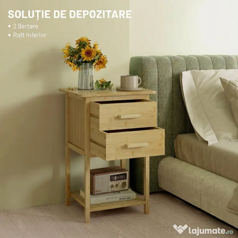 HOMCOM Noptiere, 2 piese, cu 2 Sertare și Poliță de Jos în Stil Nordic, Noptiere Moderne din Bambus, 40x34x60 cm, Lemn Natural | Aosom Romania