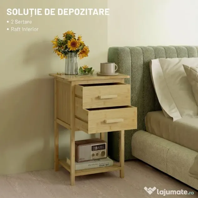 HOMCOM Noptiere, 2 piese, cu 2 Sertare și Poliță de Jos în Stil Nordic, Noptiere Moderne din Bambus, 40x34x60 cm, Lemn Natural | Aosom Romania