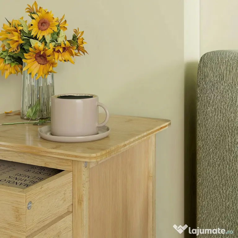 HOMCOM Noptiere, 2 piese, cu 2 Sertare și Poliță de Jos în Stil Nordic, Noptiere Moderne din Bambus, 40x34x60 cm, Lemn Natural | Aosom Romania