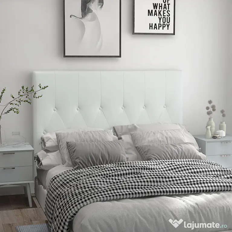 HOMCOM Spătar Pat Matrimonial Capitonată cu Design cu Nasturi, Căpătâi Pat din Piele PU și MDF, 160x7x120 cm, Alb | Aosom Romania