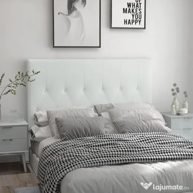 HOMCOM Spătar Pat Matrimonial Capitonată cu Design cu Nasturi, Căpătâi Pat din Piele PU și MDF, 160x7x120 cm, Alb | Aosom Romania