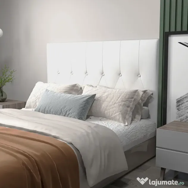 HOMCOM Spătar Pat Matrimonial Capitonată cu Design cu Nasturi, Căpătâi Pat din Piele PU și MDF, 160x7x120 cm, Alb | Aosom Romania
