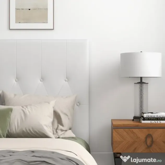 HOMCOM Spătar Pat Matrimonial Capitonată cu Design cu Nasturi, Căpătâi Pat din Piele PU și MDF, 160x7x120 cm, Alb | Aosom Romania