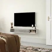 HOMCOM Dulap TV Suspendat din Lemn cu 2 Rafturi Deschise și Dulap, 120x26x16 cm, Alb și Gri