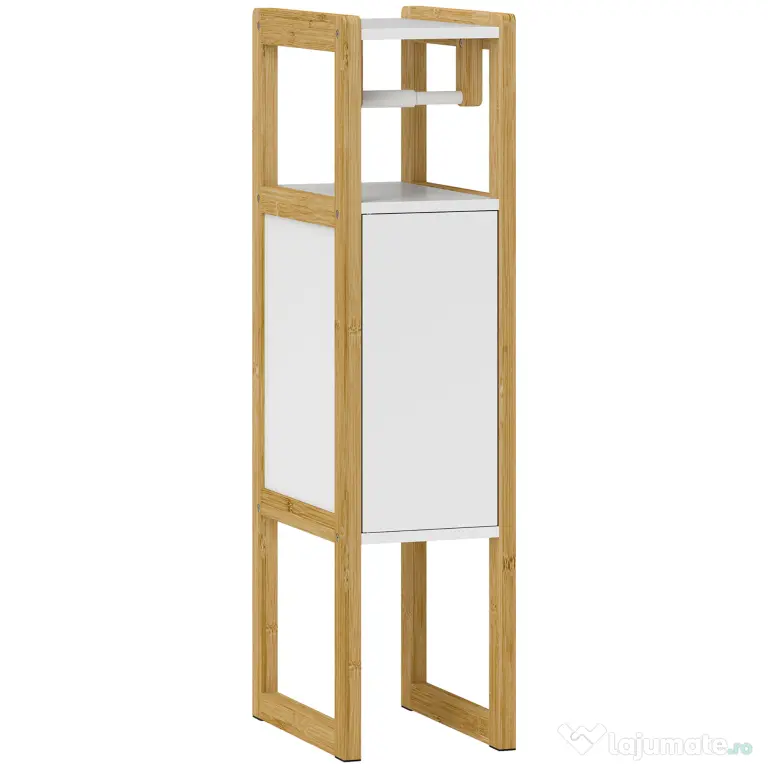 HOMCOM Mobilier de Baie cu Suport pentru Hârtie Igienică, Dulap și Raft, Dulap Compact din Bambus, 20x33x80 cm, Alb | Aosom Romania