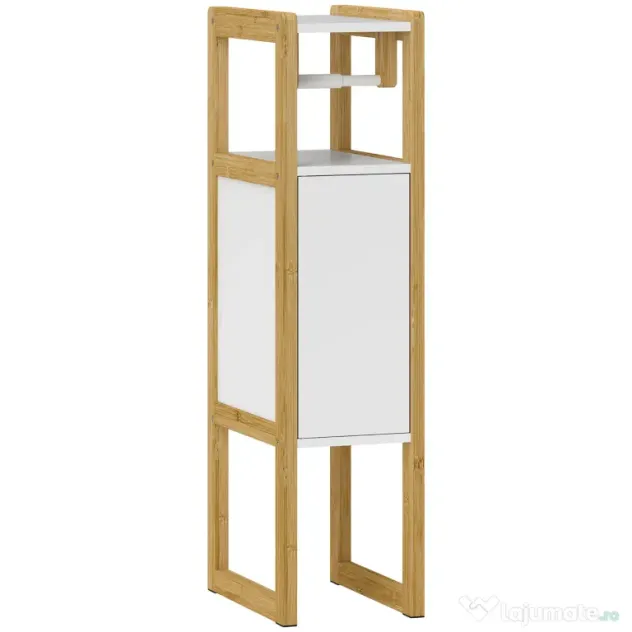 HOMCOM Mobilier de Baie cu Suport pentru Hârtie Igienică, Dulap și Raft, Dulap Compact din Bambus, 20x33x80 cm, Alb | Aosom Romania