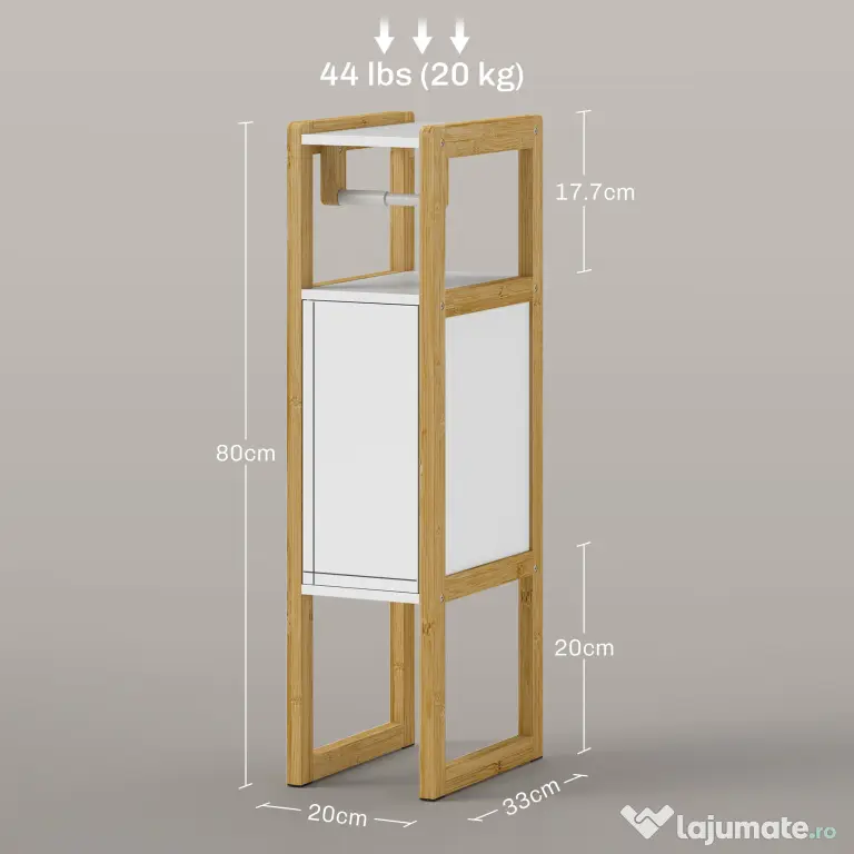 HOMCOM Mobilier de Baie cu Suport pentru Hârtie Igienică, Dulap și Raft, Dulap Compact din Bambus, 20x33x80 cm, Alb | Aosom Romania
