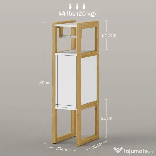 HOMCOM Mobilier de Baie cu Suport pentru Hârtie Igienică, Dulap și Raft, Dulap Compact din Bambus, 20x33x80 cm, Alb | Aosom Romania
