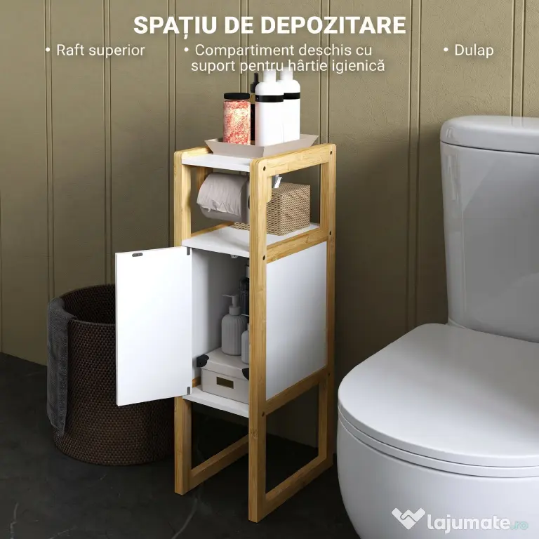 HOMCOM Mobilier de Baie cu Suport pentru Hârtie Igienică, Dulap și Raft, Dulap Compact din Bambus, 20x33x80 cm, Alb | Aosom Romania
