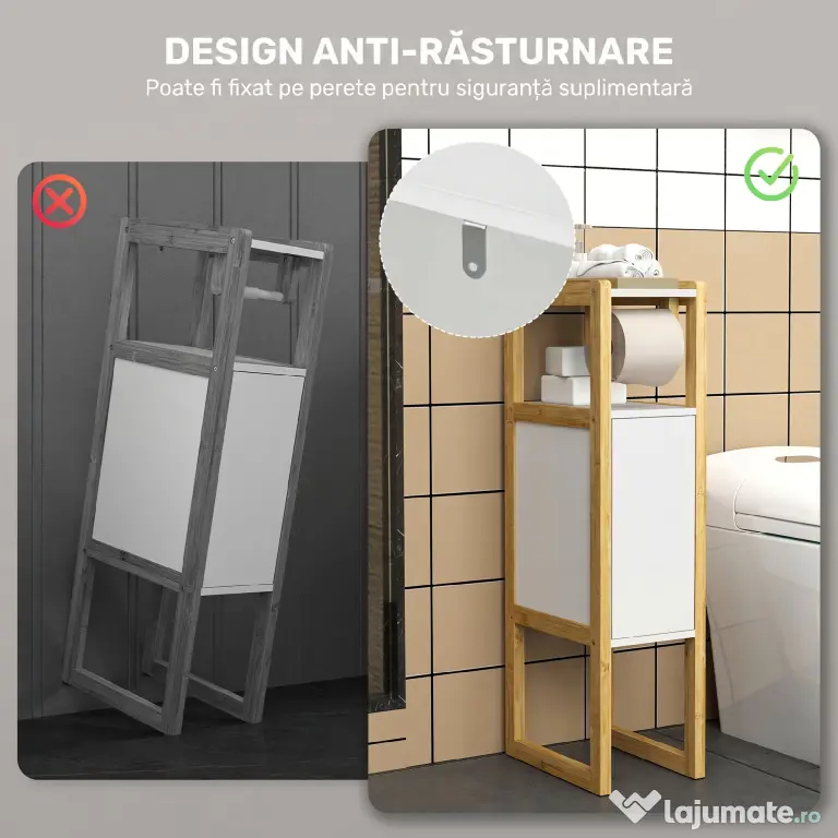 HOMCOM Mobilier de Baie cu Suport pentru Hârtie Igienică, Dulap și Raft, Dulap Compact din Bambus, 20x33x80 cm, Alb | Aosom Romania