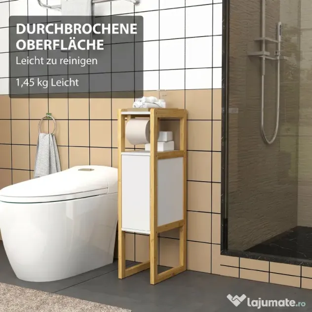 HOMCOM Mobilier de Baie cu Suport pentru Hârtie Igienică, Dulap și Raft, Dulap Compact din Bambus, 20x33x80 cm, Alb | Aosom Romania