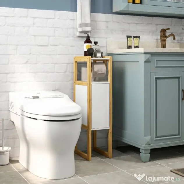 HOMCOM Mobilier de Baie cu Suport pentru Hârtie Igienică, Dulap și Raft, Dulap Compact din Bambus, 20x33x80 cm, Alb | Aosom Romania