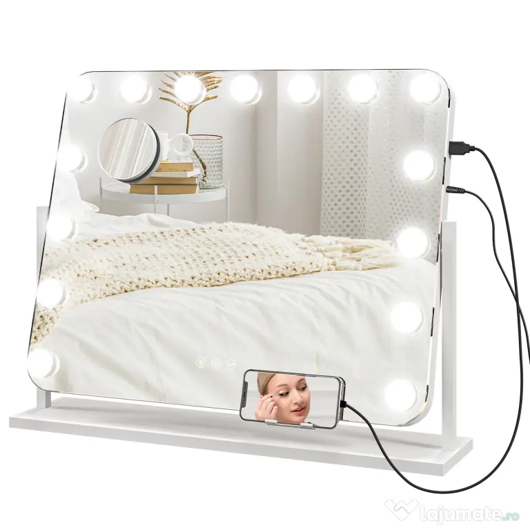 HOMCOM Oglindă de Machiaj cu 14 Lumini LED Regulabile și Încărcare USB, din Sticlă și Metal, 62.5x14x49.5 cm, Alb