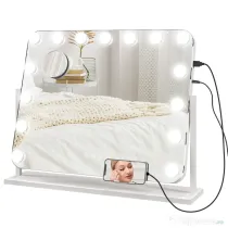 HOMCOM Oglindă de Machiaj cu 14 Lumini LED Regulabile și Încărcare USB, din Sticlă și Metal, 62.5x14x49.5 cm, Alb