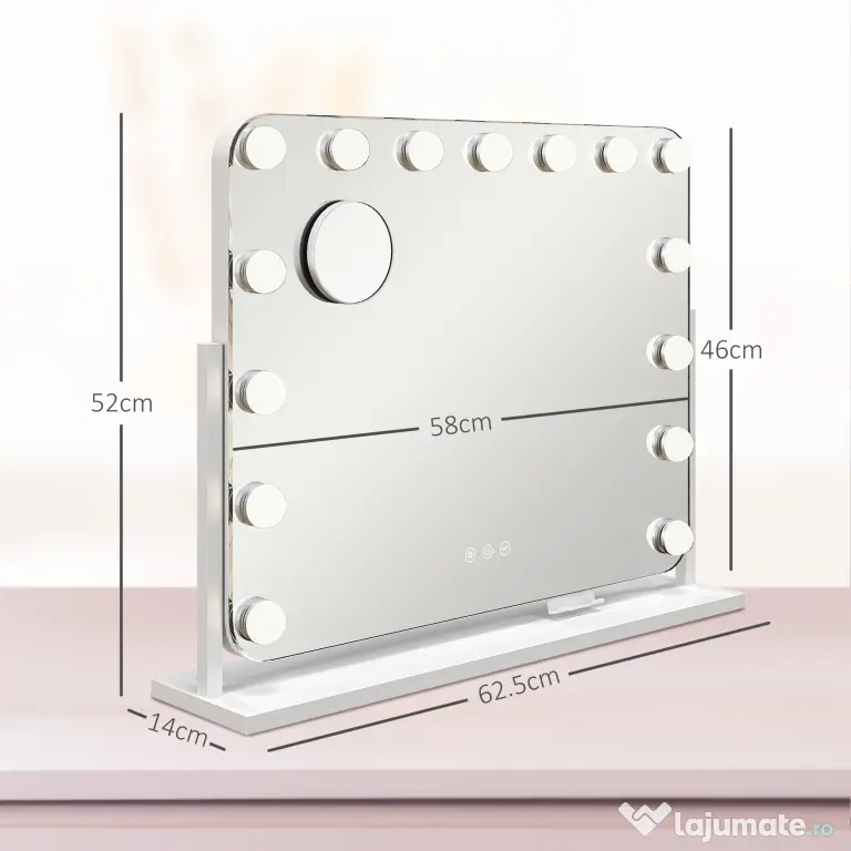 HOMCOM Oglindă de Machiaj cu 14 Lumini LED Regulabile și Încărcare USB, din Sticlă și Metal, 62.5x14x49.5 cm, Alb