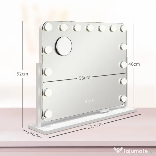 HOMCOM Oglindă de Machiaj cu 14 Lumini LED Regulabile și Încărcare USB, din Sticlă și Metal, 62.5x14x49.5 cm, Alb