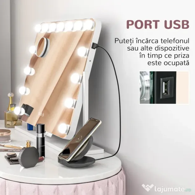 HOMCOM Oglindă de Machiaj cu 14 Lumini LED Regulabile și Încărcare USB, din Sticlă și Metal, 62.5x14x49.5 cm, Alb