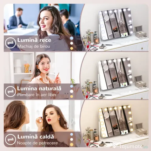 HOMCOM Oglindă de Machiaj cu 14 Lumini LED Regulabile și Încărcare USB, din Sticlă și Metal, 62.5x14x49.5 cm, Alb