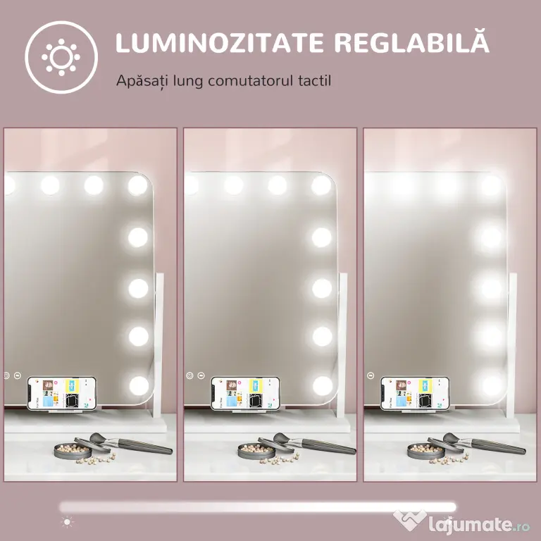 HOMCOM Oglindă de Machiaj cu 14 Lumini LED Regulabile și Încărcare USB, din Sticlă și Metal, 62.5x14x49.5 cm, Alb