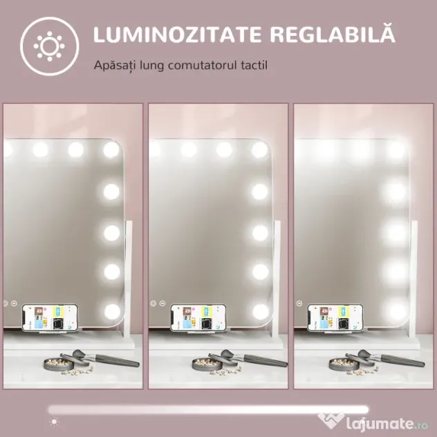 HOMCOM Oglindă de Machiaj cu 14 Lumini LED Regulabile și Încărcare USB, din Sticlă și Metal, 62.5x14x49.5 cm, Alb